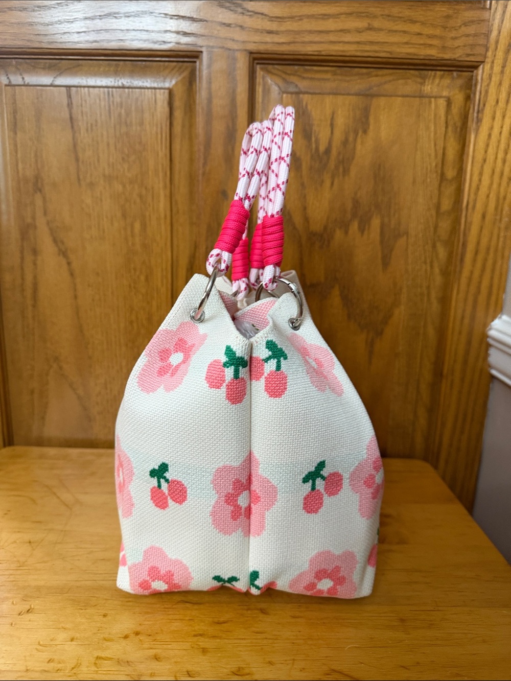 Floral Pink Canvas Bucket Tote Bag with Pink Rope Handles NWOT - Picture 2 of 5